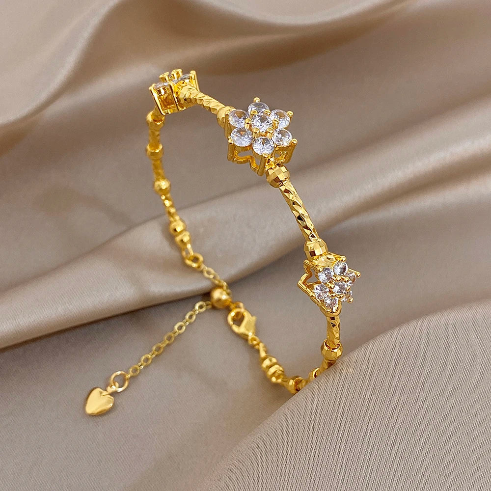 Pink Flower White Cubic Zircon Filled Leaf Shape Bracelet