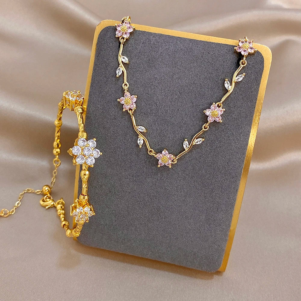 Pink Flower White Cubic Zircon Filled Leaf Shape Bracelet