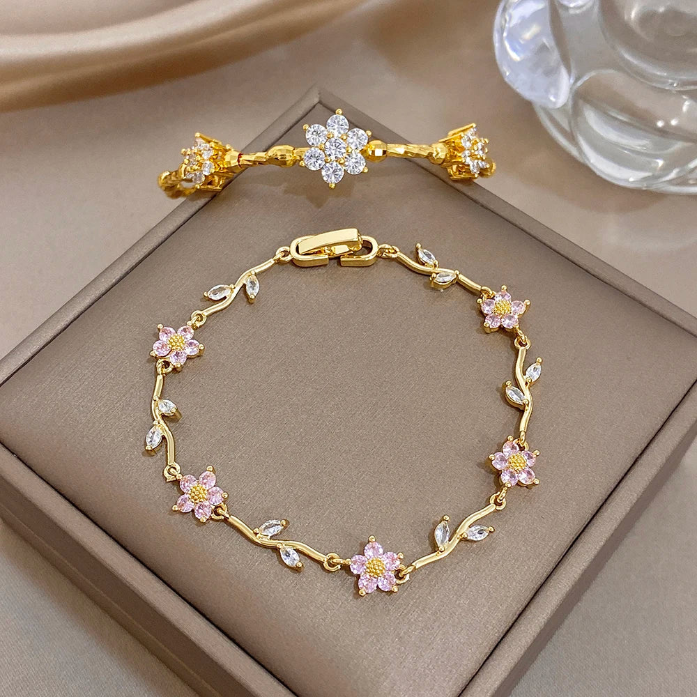 Pink Flower White Cubic Zircon Filled Leaf Shape Bracelet