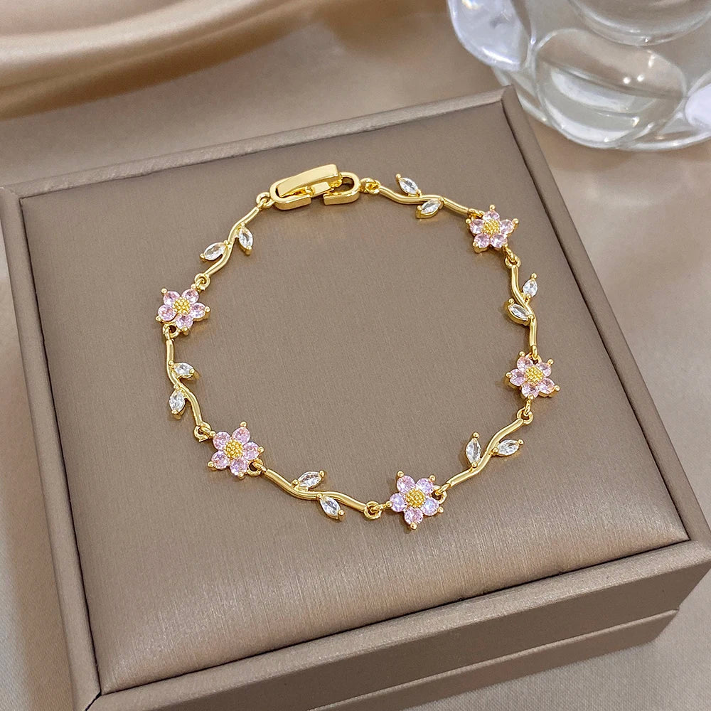 Pink Flower White Cubic Zircon Filled Leaf Shape Bracelet