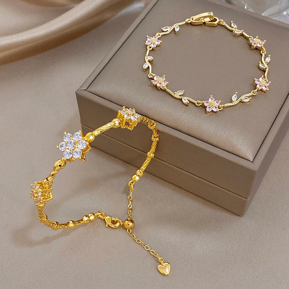 Pink Flower White Cubic Zircon Filled Leaf Shape Bracelet