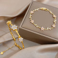 Pink Flower White Cubic Zircon Filled Leaf Shape Bracelet