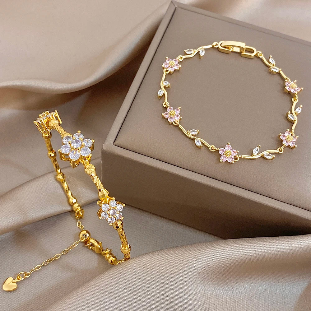 Pink Flower White Cubic Zircon Filled Leaf Shape Bracelet