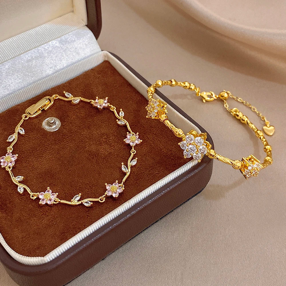 Pink Flower White Cubic Zircon Filled Leaf Shape Bracelet